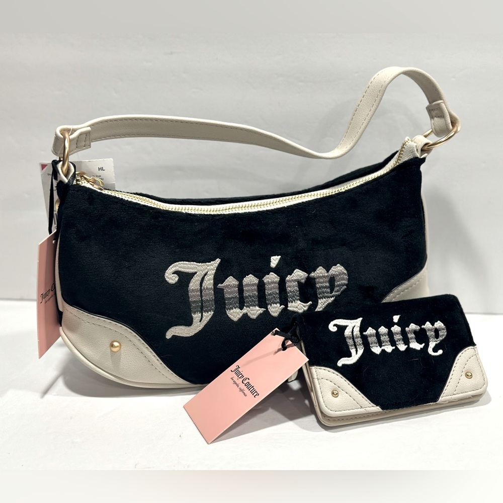 Juicy Couture Retro Vibe Black Velour Shoulder Bag With Matching Wallet